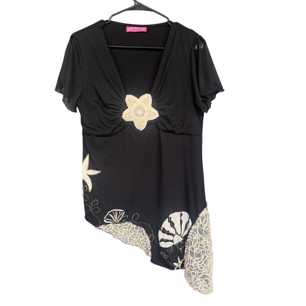 Crazy Fish Shirt Junior Small Black Beaded Crochet Ocean Sharkbite Tunic Top Y2K